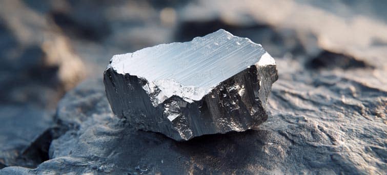 A close-up, detailed image of a raw piece of Holmium in its natural metallic form.