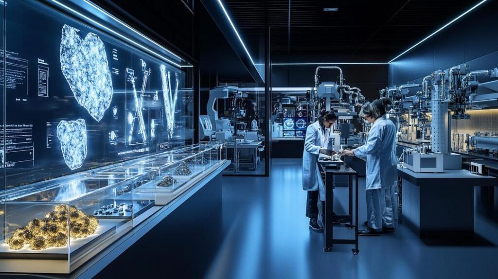 Alt Text: An intricate high-tech lab scene illustrates the American rare earth supply chain explained, highlighting scientists analyzing samples and advanced machines refining minerals for use in electric vehicles, wind turbines, and smartphones.