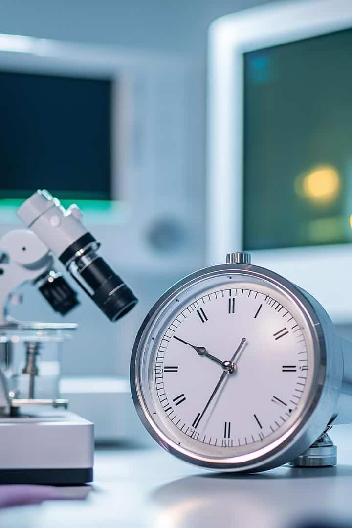 a clock sitting on top of a table next to a microscope