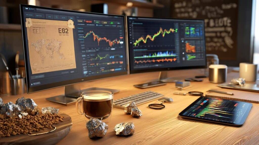 A detailed overhead view of a financial analyst's desk features dual monitors with rare earth ETF charts, metallic rock samples like neodymium, and a 2025 market forecast, capturing the theme "best rare earth ETFs" in a photorealistic setting.
