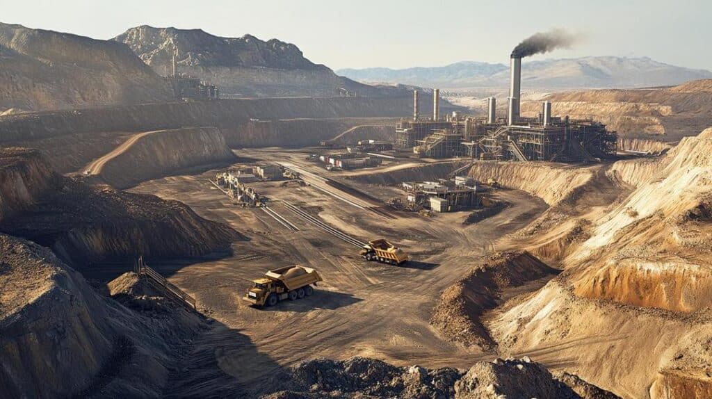 The image showcases a vast open-pit mine operated by one of the best rare earth mining companies in the USA, featuring large excavation equipment, conveyor belts, and a processing facility set against a semi-arid landscape.