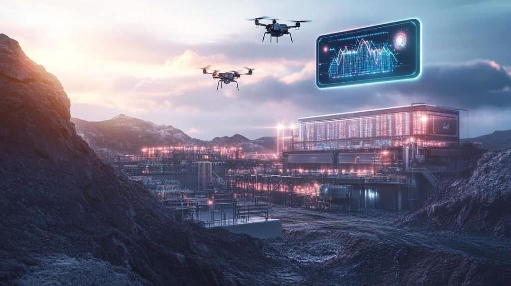 A hyper-realistic image portrays a futuristic rare earth mineral supply chain in the US, showcasing a mining facility powered by blockchain technology, with drones and high-tech machinery underlining the keyword "Blockchain in US rare earth supply chains," enhanced by holographic displays and sunlight effects for a balance of innovation and environmental consciousness.