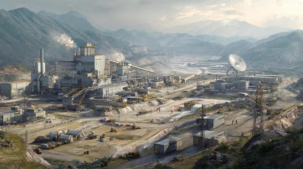 The image illustrates China's rare earth export policy through a highly detailed, cinematic depiction of vast mines and advanced processing facilities, with workers and machinery preparing mineral crates for export amidst strategic tension, subtle symbols of global reliance like smartphones and electric cars, and the presence of Chinese customs and military vehicles.