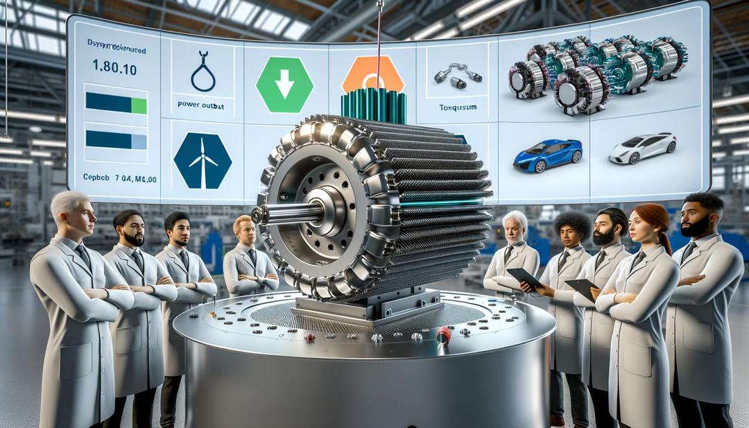 A photorealistic image showcases a modern electric motor with dysprosium-enhanced magnets in a high-tech manufacturing setting, surrounded by engineers, digital screens, and elements of renewable energy, highlighting innovation and sustainability in the "dysprosium electric motors" industry.