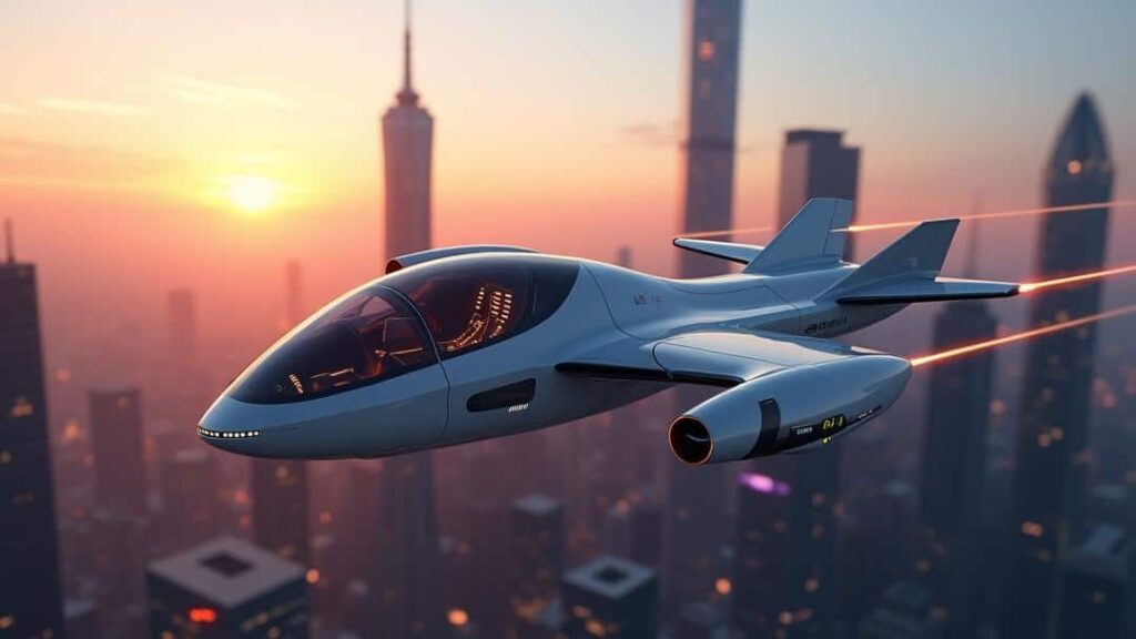 jet flying through the air over a city, resembling an evtol aircraft