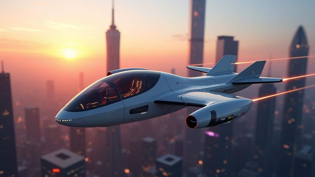 jet flying through the air over a city, resembling an evtol aircraft