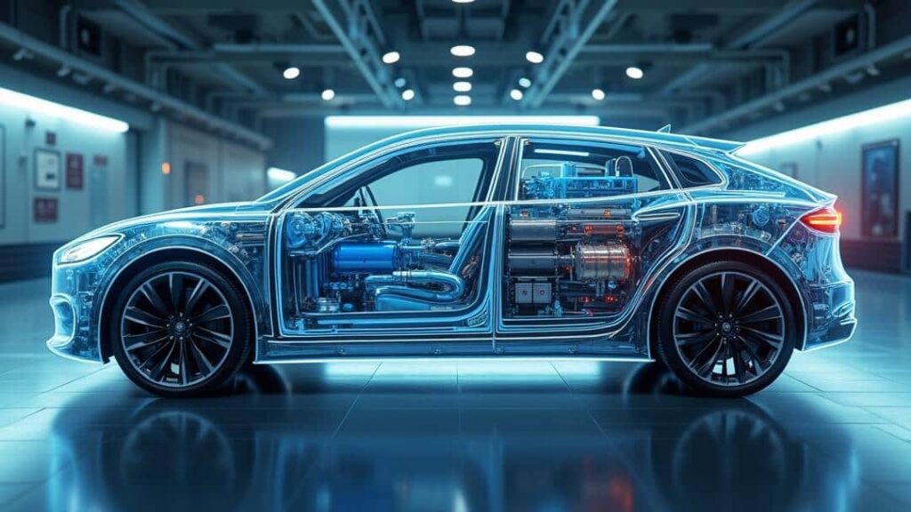 car with a cutaway of the inside of it featuring hydrogen fuel cells