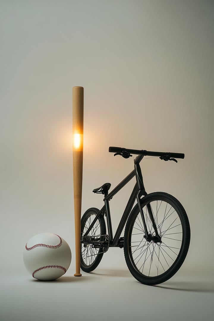 a bicycle parked next to a pole with a light on it
