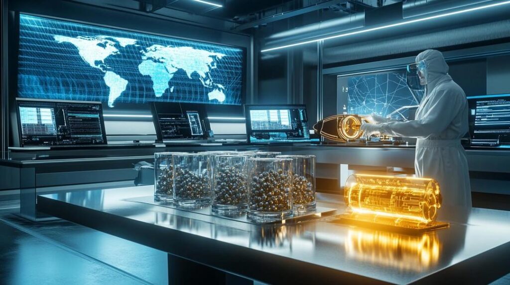 An ultra-modern laboratory scene highlights the strategic potential of investing in rare earth metals, featuring neodymium and dysprosium samples, global trade analytics, and cutting-edge technological research in electric vehicle components.