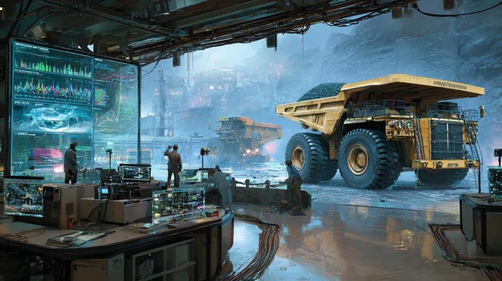 A futuristic rare earth trading floor with analysts examining neodymium price forecast displays, large mine trucks in a misty Australian mine, and holographic projections of electric vehicles and wind turbines set against a twilight sky.