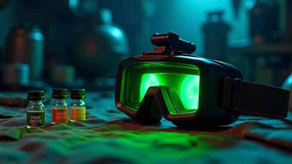 pair of night vision goggles sitting on top of a bed