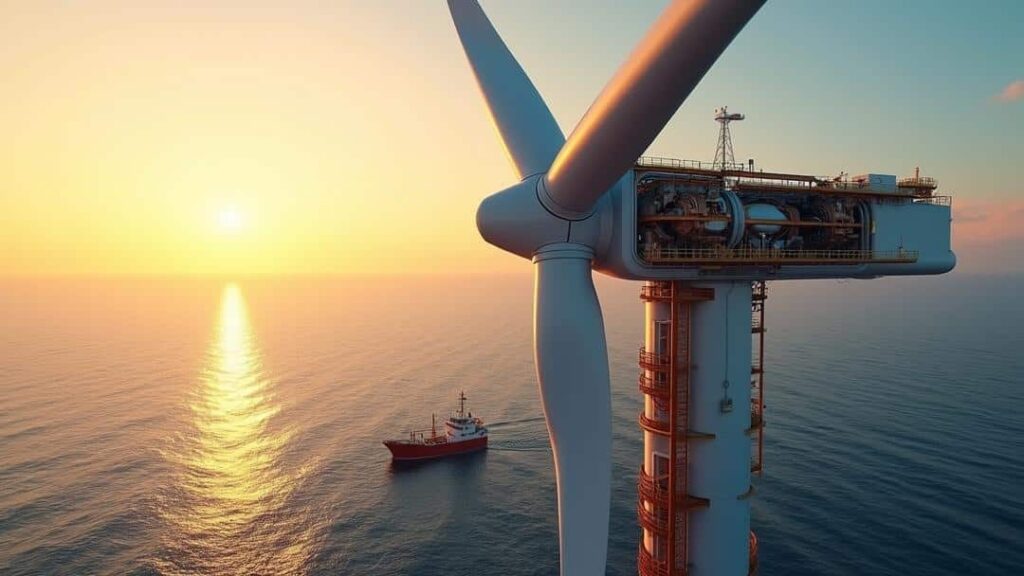 wind turbine in the middle of a body of water, offshore wind turbines