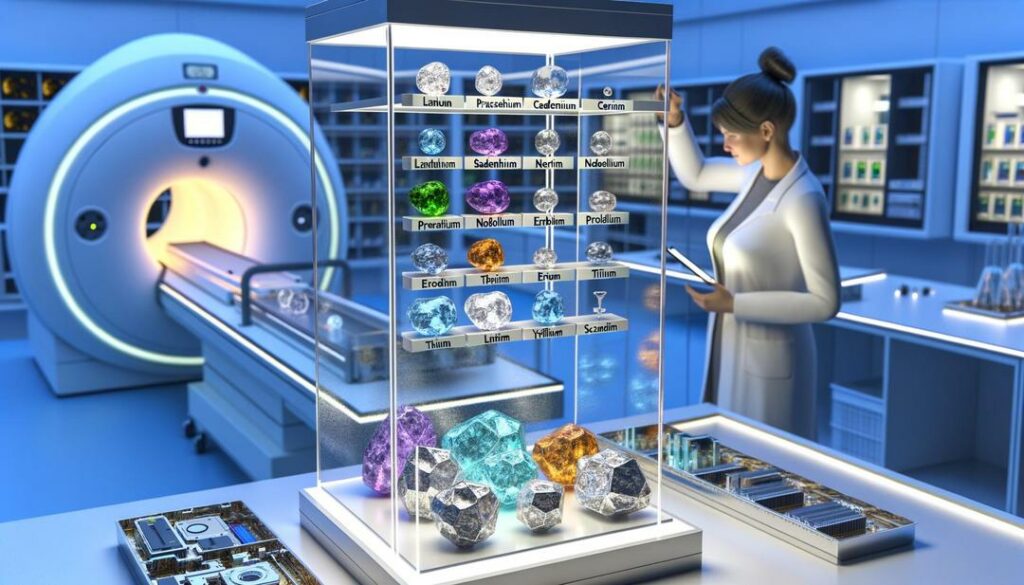 A photorealistic illustration of a laboratory highlights the essential role of rare earth elements in products like smartphones, electric vehicle batteries, and medical imaging tools, with vibrantly colored samples on display and a researcher examining their applications and implications.