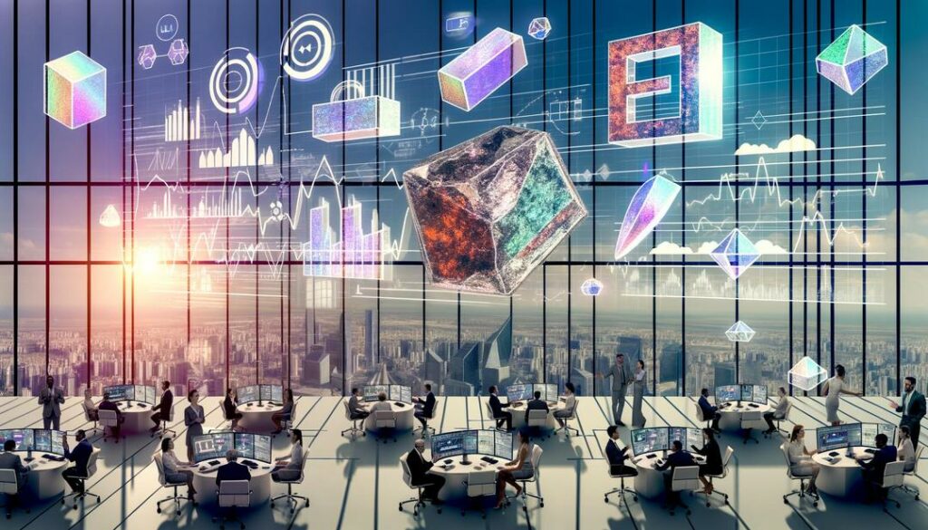 The photorealistic image captures a lively and diverse gathering of investors on a rare earth futures trading floor in a ultra-modern financial district, featuring traders engaged with fluctuating graphs on digital screens amid a backdrop of high-tech architecture, periodic table symbols, and applications of rare earth elements in electric vehicles and renewable energy with subtle hints of geopolitical and environmental concerns.