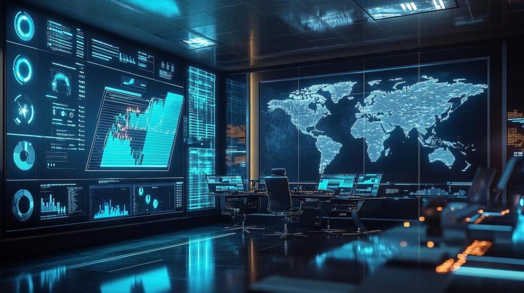 A photorealistic futuristic office showcases a stock market dashboard with holographic graphs and a digital map illustrating "rare earth investment trends" through global trade routes and industry icons.