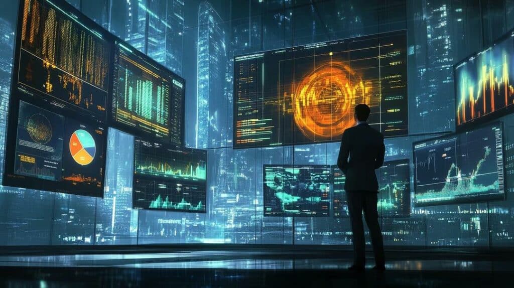 A professional in a tailored suit analyzes sophisticated rare earth market tools on multiple computer screens in a sleek, modern office with city skyscraper reflections.