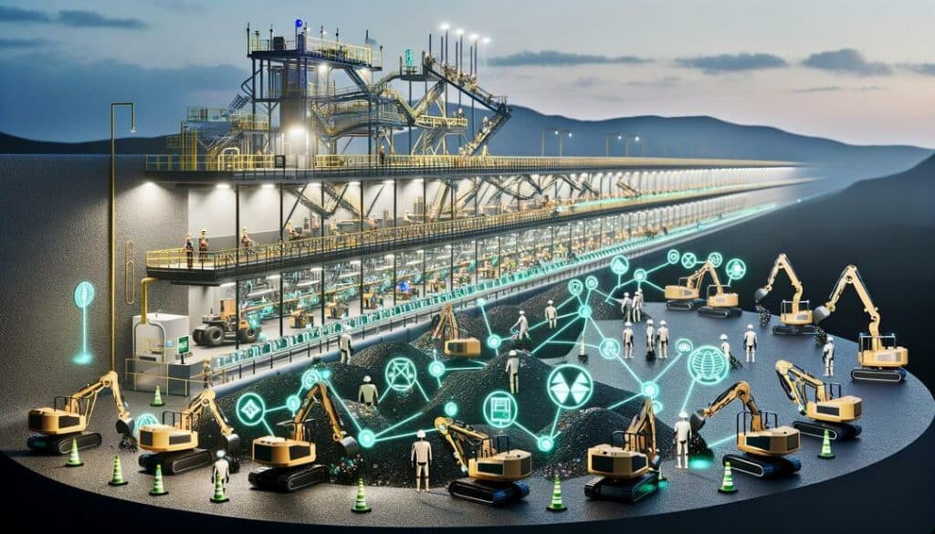 The image depicts a futuristic rare earth mining automation operation with autonomous drilling machines, robots sorting minerals, and IoT sensors, set against an eco-friendly processing plant and showcasing sustainability and safety innovations.