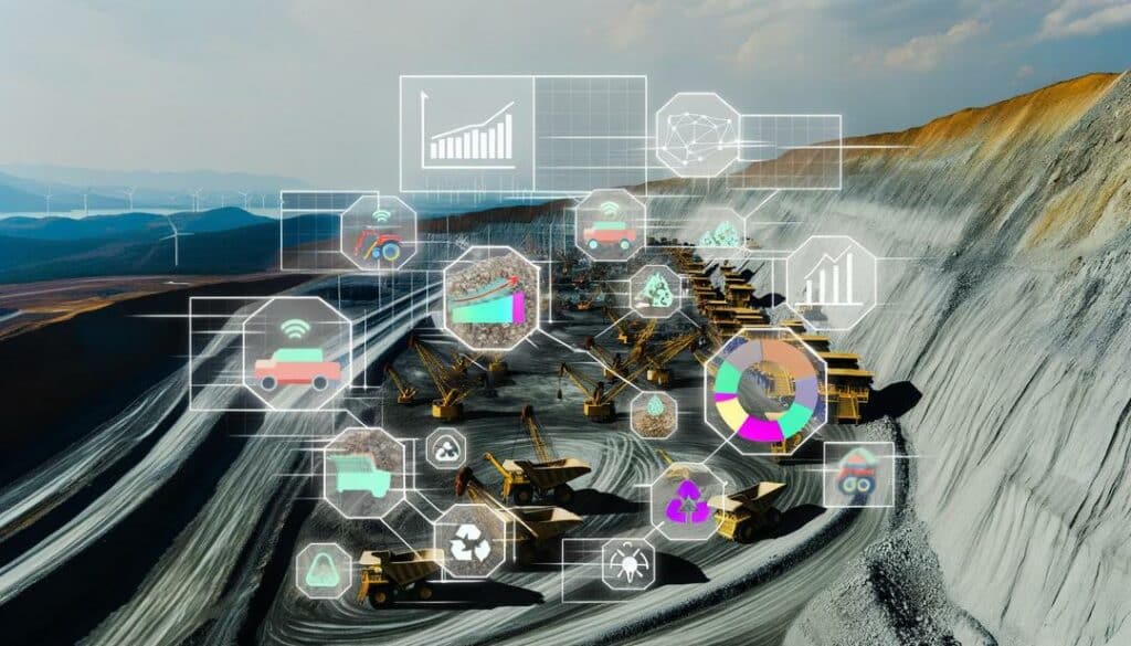 A photorealistic aerial image of a vast rare earth mining site showcases the complexities of rare earth mining economics with machinery in action, economic graphs overlaying the scene, and symbols of technological and environmental considerations, set against dynamic lighting and flags of major producing countries.