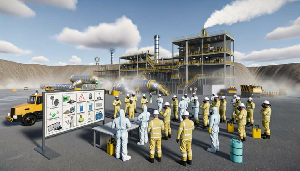 The photorealistic image depicts a busy rare earth mining operation where workers are equipped with full personal protective equipment and surrounded by key rare earth mining safety measures, including advanced ventilation systems, dust suppression methods, and visible safety protocols, all under a bright, sunny day.