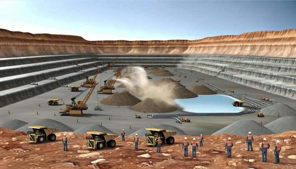 A photorealistic depiction of a large-scale rare earth mining operation in a semi-arid landscape features heavy machinery extracting mineral ore, workers managing the process with dust suppression sprinklers, and a significant water infrastructure highlighting the essential "rare earth mining water usage," alongside innovative water conservation technologies amidst the barren terrain.