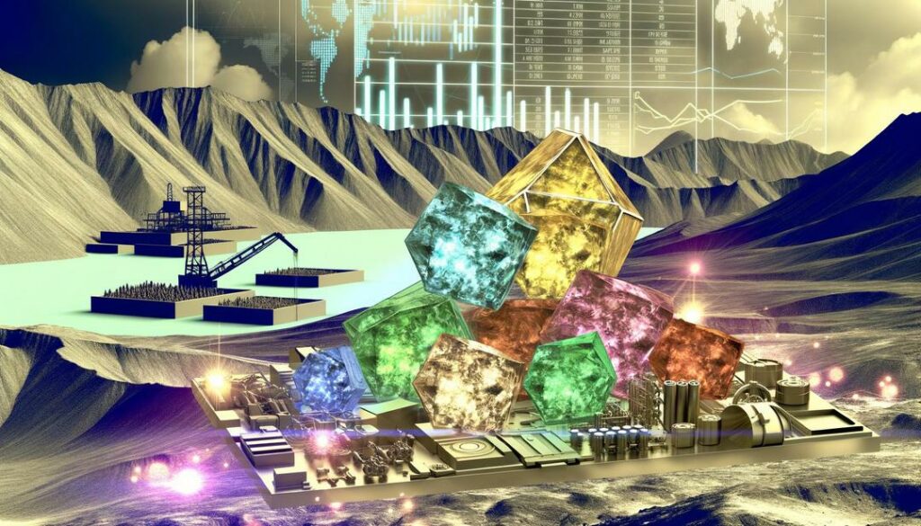 This photorealistic image captures the complexity of the rare earth elements market with crystalline structures, mining operations, and technological applications, highlighting the "rare earth price trends" through subtle price charts against a backdrop of geopolitical influences and sustainability efforts.
