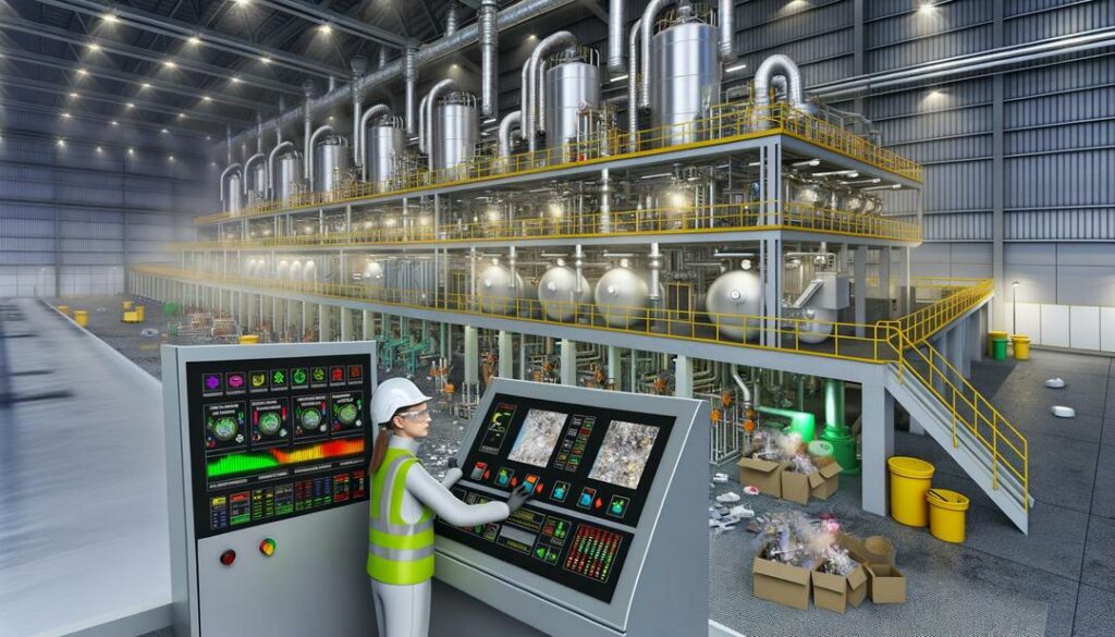 The image depicts a photorealistic scene of a modern rare earth processing facility, emphasizing the "rare earth processing economics" through its intricate machinery, a worker at a control panel, and visible elements of environmental compliance and recycling technology.