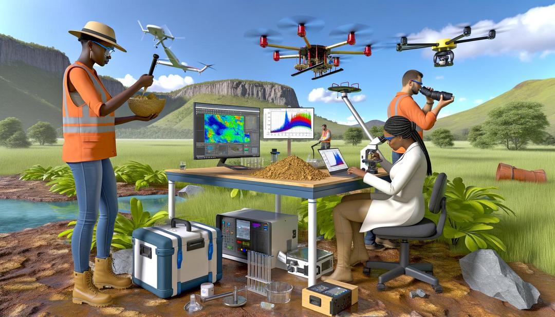 A photorealistic scene illustrates modern rare earth prospecting techniques with geologists collecting and analyzing samples using advanced geophysical equipment amidst a lush landscape, integrating biogeochemical signals and technology like AI for data analysis.