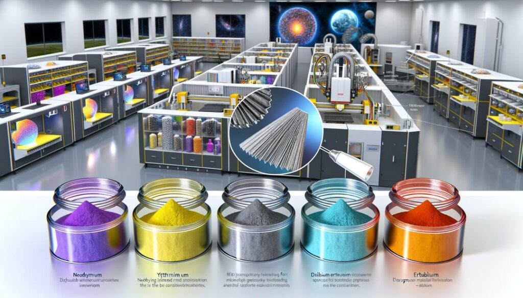 The image depicts a futuristic high-tech 3D printing facility where rare earths 3D printing is showcased through advanced printers constructing intricate parts, surrounded by colorful rare earth powders and interactive displays, all within a meticulously clean environment.