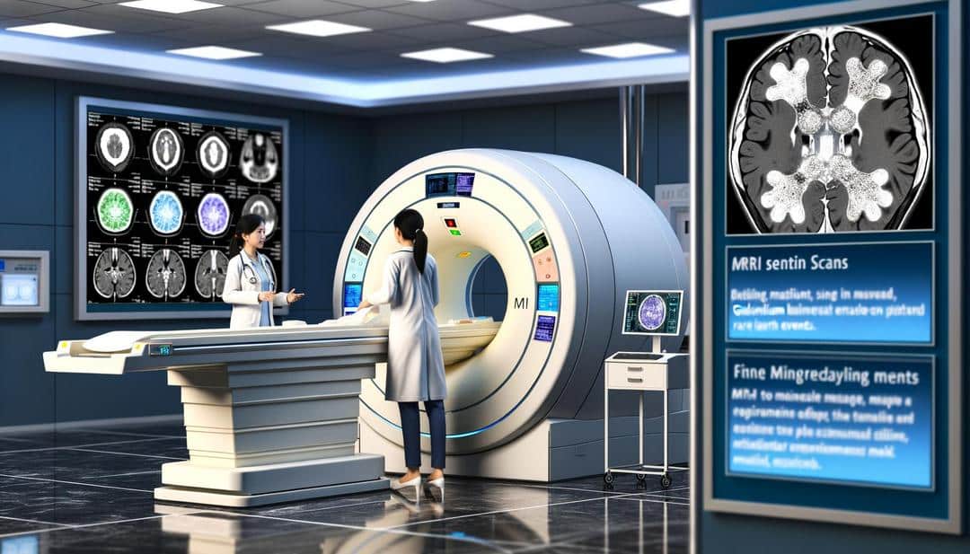 A photorealistic image of an advanced MRI machine in a clinical setting highlights the use of rare earths in MRI technology, showcasing a detailed scan on a monitor enhanced by gadolinium and featuring subtle references to sustainable rare earth mining practices.