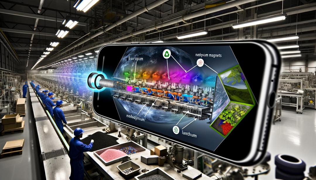 A photorealistic depiction of rare earths in smartphones showcases a high-tech manufacturing facility, highlighting a bright, europium-enhanced screen, neodymium magnets, lanthanum camera lenses, and sustainable practices against a backdrop of mining and refining processes.