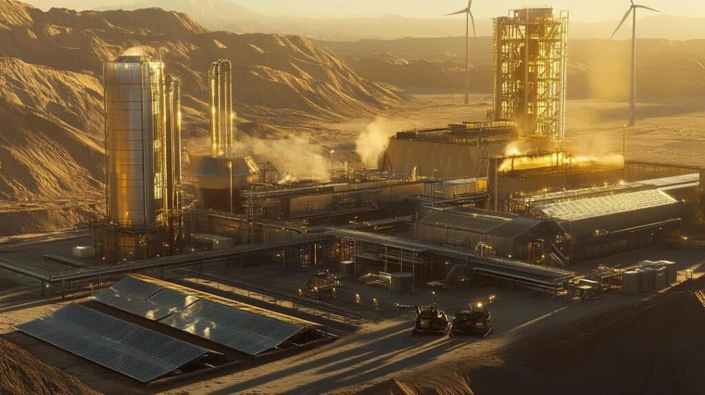 A photorealistic depiction of a futuristic rare earth mining facility in the US, illustrating a resilient rare earth supply chain in the USA with sustainable energy integration amid a rugged desert landscape at sunset.