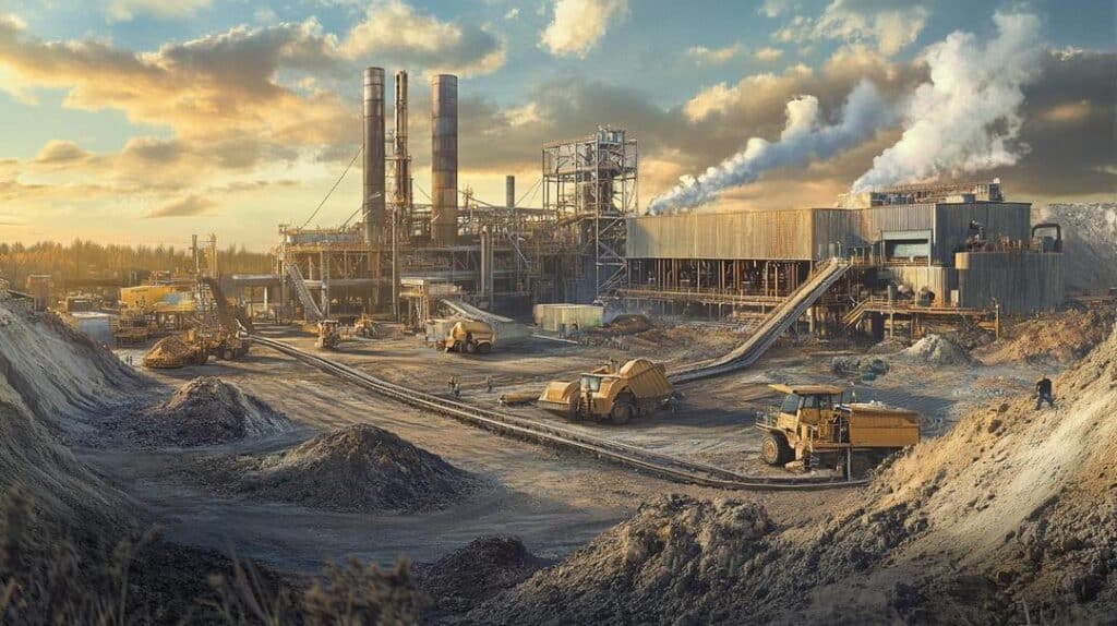 Alt Text: The image illustrates a modern rare earth mining operation in the United States, highlighting massive machinery and a state-of-the-art, eco-friendly processing facility, symbolizing "The future of rare earth distribution in America."